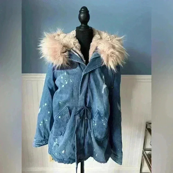 NWT Avec Les Filles Distressed Faux Fur Lined Denim Anorak ~ Large - Picture 1 of 11